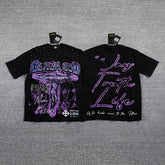 Glazagod Purple Gothic Double‑Sided Graphic Print Crew Neck Streetwear T‑Shirt