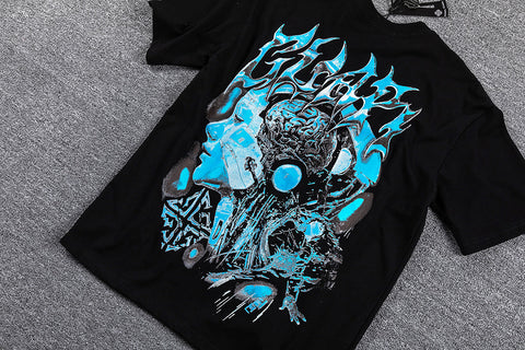 Blue Cyan Skull Demon Double‑Sided Graphic Print Crew Neck Streetwear T‑Shirt