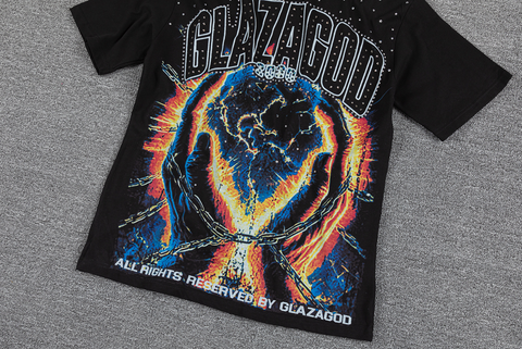 GLAZAGOD 2000 Rhinestone Cosmic Graphic T-Shirt