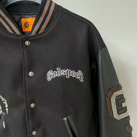 GODSPEED Full Back Skeleton Graphic Varsity Jacket