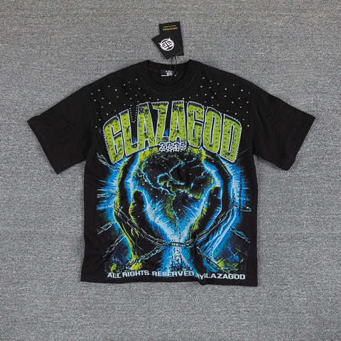 Glazagod Blue Fire Earth Double‑Sided Graphic Print Crew Neck Streetwear T‑Shirt