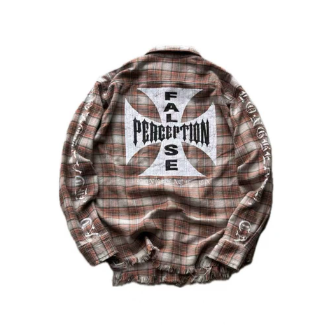 False Perception Cracked Cross Distressed Plaid Flannel