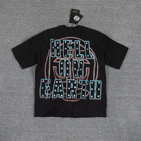 Glazagod Black Retro Fire Earth Gothic Graphic Print Crew Neck Streetwear T‑Shirt
