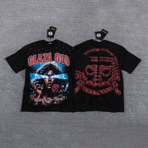 Glazagod Red Portrait Totem Double‑Sided Graphic Print Crew Neck Streetwear T‑Shirt