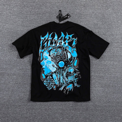 Blue Cyan Skull Demon Double‑Sided Graphic Print Crew Neck Streetwear T‑Shirt