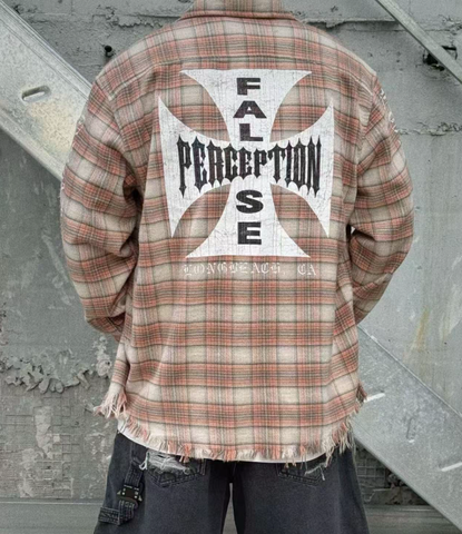 False Perception Cracked Cross Distressed Plaid Flannel