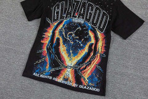 Glazagod Black Retro Fire Earth Gothic Graphic Print Crew Neck Streetwear T‑Shirt