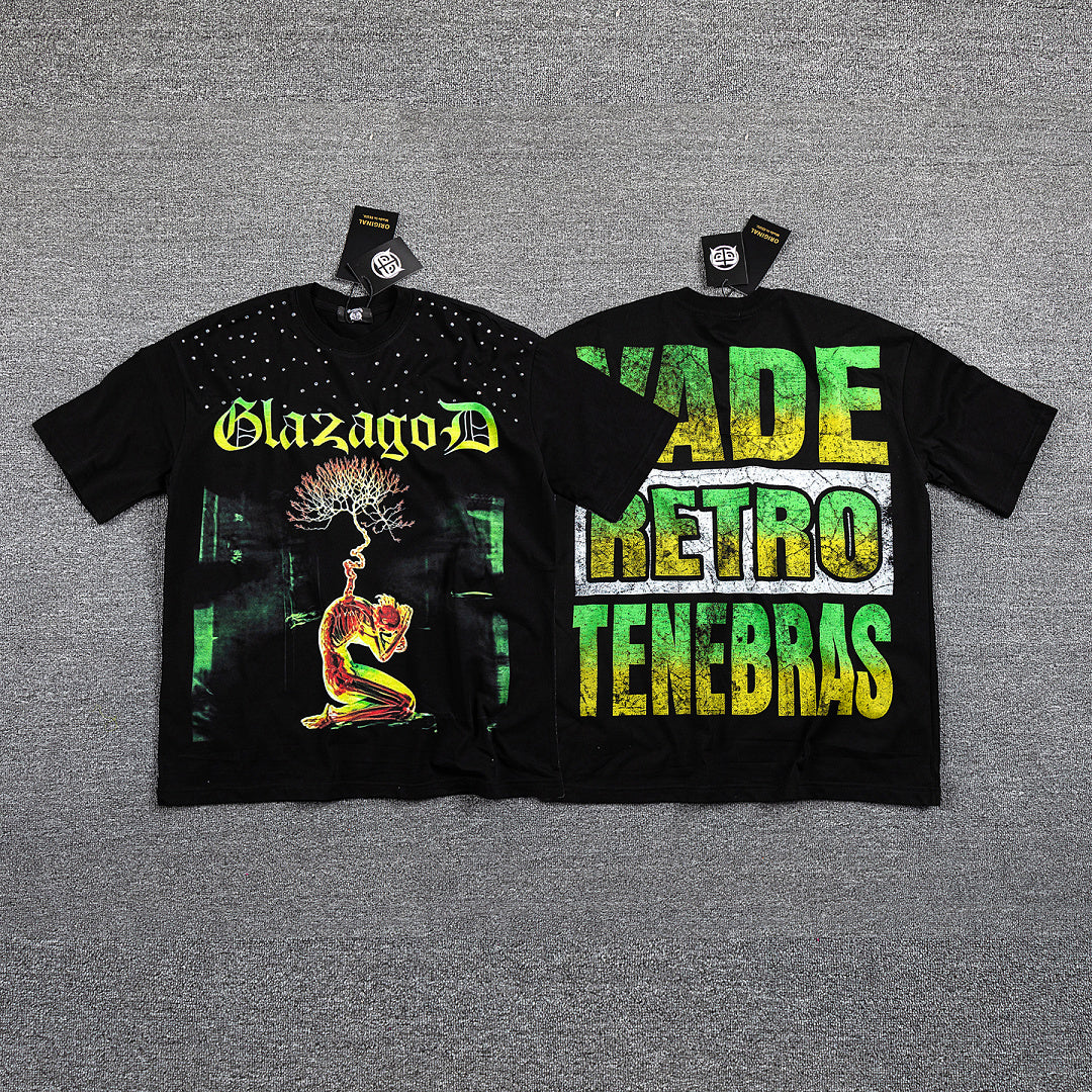 Glazagod Green‑Yellow "VADE RETRO TENEBRAS" Double‑Sided Graphic Print Crew Neck Streetwear T‑Shirt