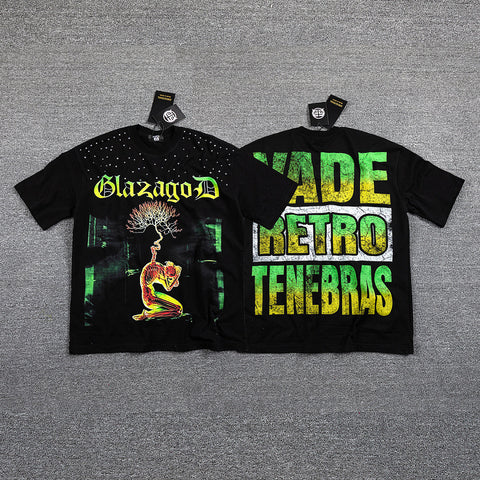 Glazagod Green‑Yellow "VADE RETRO TENEBRAS" Double‑Sided Graphic Print Crew Neck Streetwear T‑Shirt