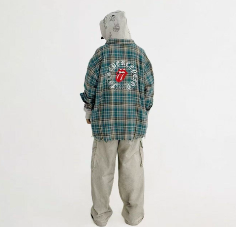 False Perception Rolling Stones Distressed Plaid Flannel