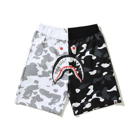 BAPE Style Split-Color Camo Shark Casual Shorts - White/Black