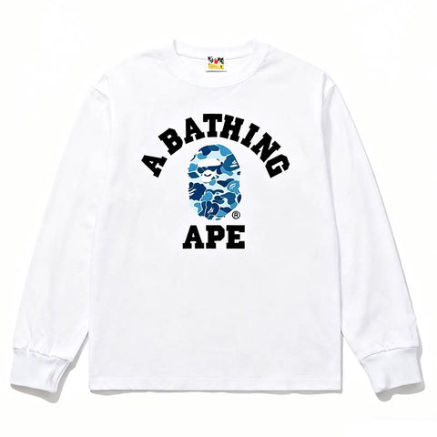 BAPE Style Collegiate Arc Logo & Camo Ape Head Long-Sleeve Tee - White/Blue