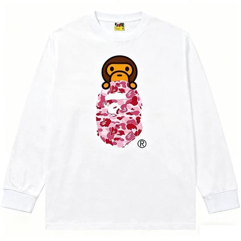 BAPE Style Baby Milo Peeking on Camo Ape Head Long-Sleeve Tee - White/Pink