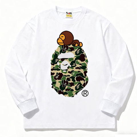 BAPE Style Baby Milo on Camo Ape Head Long-Sleeve Tee - White/Green