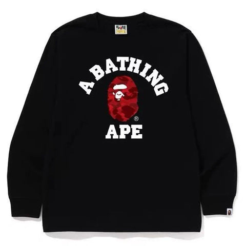 BAPE Style Collegiate Arc Logo & Camo Ape Head Long-Sleeve Tee - Black/Purple