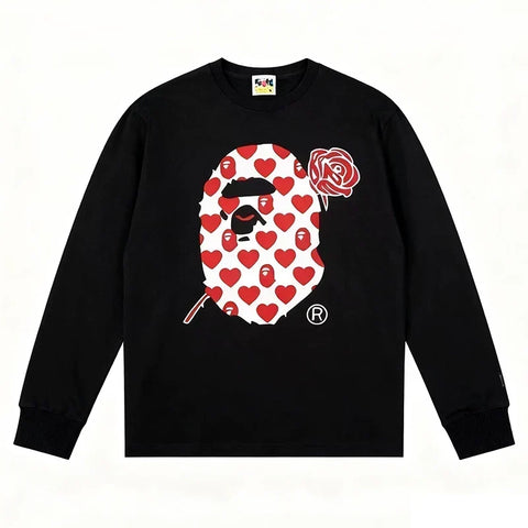 BAPE Style Heart & Rose Ape Head Long-Sleeve Tee - Black/Red-White