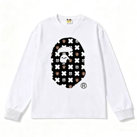 BAPE Style All-Over Cartoon Print Ape Head Long-Sleeve Tee - White