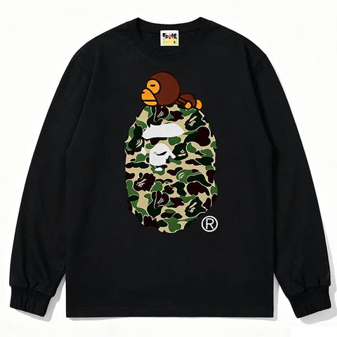 BAPE Style Baby Milo on Camo Ape Head Long-Sleeve Tee - Black/Green