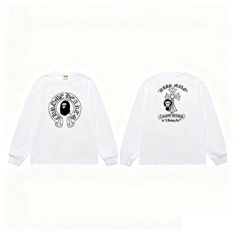 BAPE x Chrome Hearts Style Horseshoe & Cross Long-Sleeve Tee - White