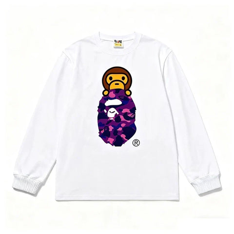 BAPE Style Baby Milo Peeking on Camo Ape Head Long-Sleeve Tee - White/Purple