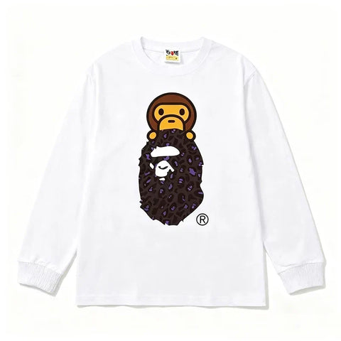 BAPE Style Baby Milo on Dark Leopard Camo Ape Head Long-Sleeve Tee - White/Dark Leopard