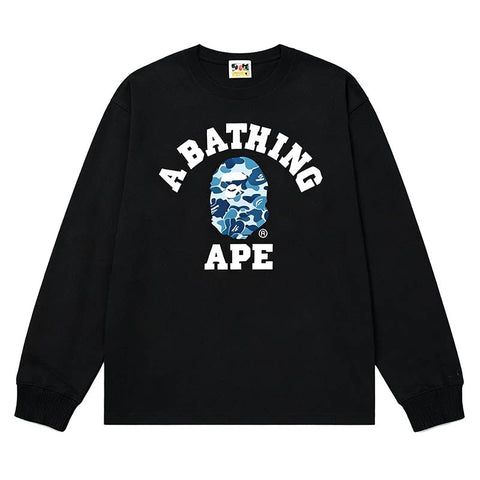 BAPE Style Collegiate Arc Logo & Camo Ape Head Long-Sleeve Tee - Black/Blue