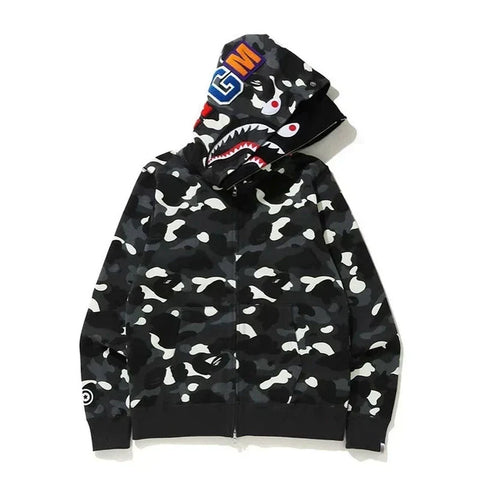 BAPE Style Camo Shark Full-Zip Hoodie - Black/Grey