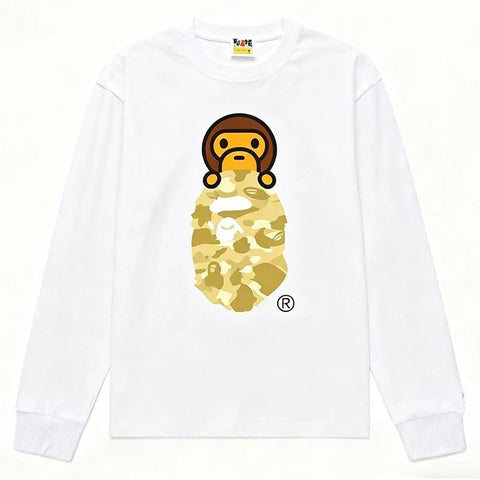 BAPE Style Baby Milo Peeking on Camo Ape Head Long-Sleeve Tee - White/Yellow