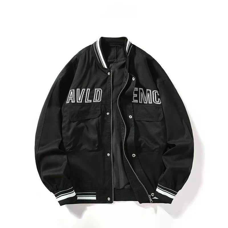 Black Multi‑Pocket Letter Embroidered Varsity Jacket