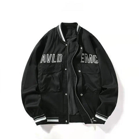 Black Multi‑Pocket Letter Embroidered Varsity Jacket