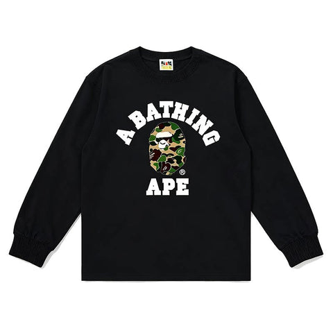 BAPE Style Collegiate Arc Logo & Camo Ape Head Long-Sleeve Tee - Black/Green