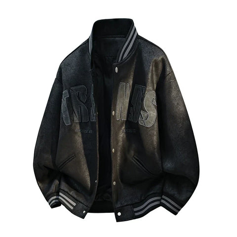 Black Faux Leather Varsity Jacket With Embroidery