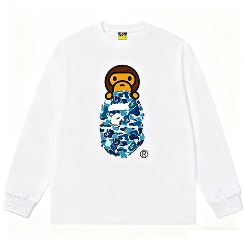BAPE Style Baby Milo Peeking on Camo Ape Head Long-Sleeve Tee - White/Blue