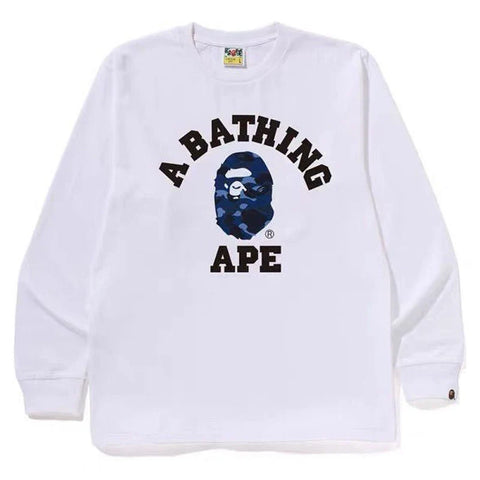 BAPE Style Collegiate Arc Logo & Camo Ape Head Long-Sleeve Tee - White/Blue