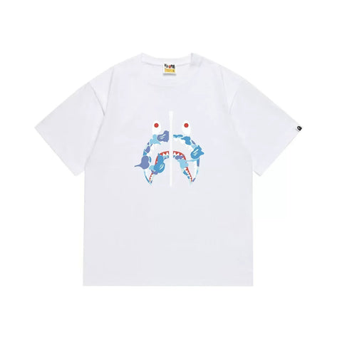 BAPE Style Camo Shark Full-Zip Motif Short-Sleeve Tee - White/Blue