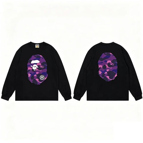 BAPE Style Big Camo Ape Head Long-Sleeve Tee - Black/Purple
