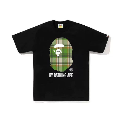 BAPE Style Tartan Plaid Big Ape Head Short-Sleeve Tee - Black/Green