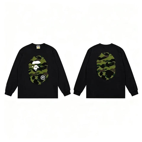 BAPE Style Big Camo Ape Head Long-Sleeve Tee - Black/Green