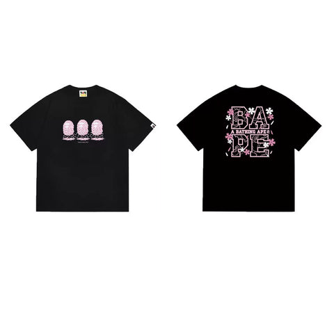 BAPE Style Cherry Blossom Ape Head Graphic Short-Sleeve Tee - Black