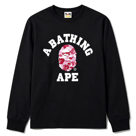 BAPE Style Collegiate Arc Logo & Camo Ape Head Long-Sleeve Tee - Black/Pink