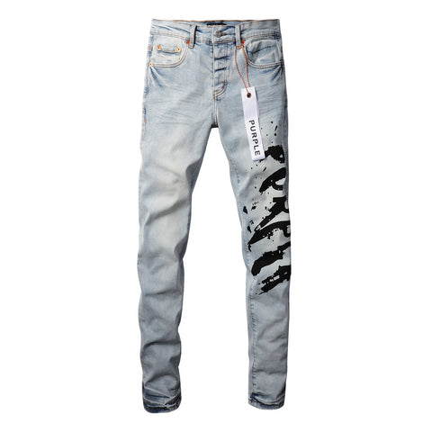 9048 Mens Purple Skinny Jeans with Ripped Detail Fashionable Denim Biker Pants with Patches and Printed Design Jeans Purple