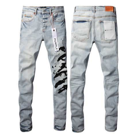 9048 Mens Purple Skinny Jeans with Ripped Detail Fashionable Denim Biker Pants with Patches and Printed Design Jeans Purple