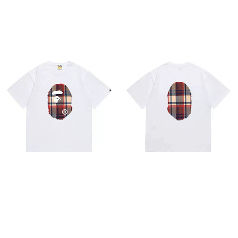 BAPE Style Tartan Plaid Ape Head Short-Sleeve Tee - White