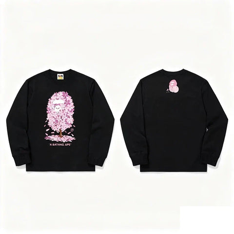BAPE Style Collegiate Arc Logo & Camo Ape Head Long-Sleeve Tee - White/Purple