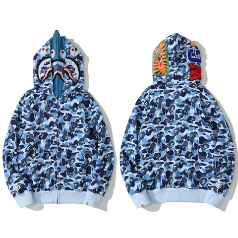 BAPE Style Camo Shark Full-Zip Hoodie - Light Blue