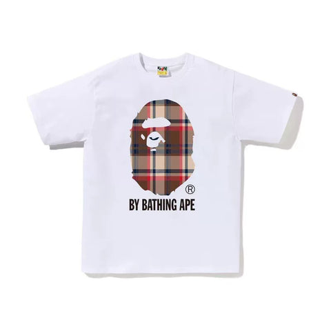 BAPE Style Tartan Plaid Big Ape Head Short-Sleeve Tee - White/Red