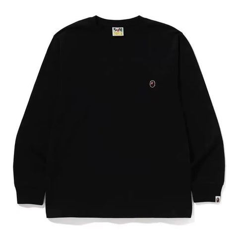 BAPE Style Minimalist Embroidered Ape Head Long-Sleeve Tee - Solid Black