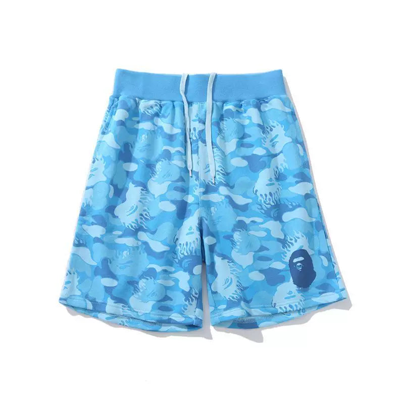 BAPE Style Camo & Ape Head Casual Shorts - Blue