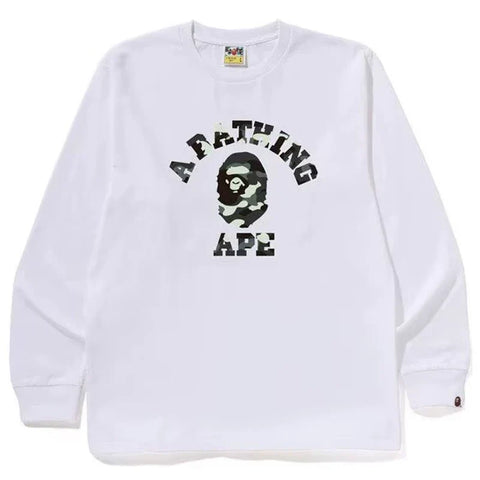 BAPE Style Arch Logo Monochrome Camo Ape Head Long-Sleeve Tee - White