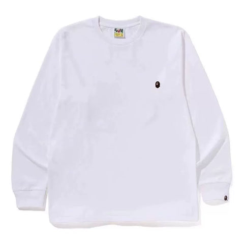 BAPE Style Minimalist Embroidered Ape Head Long-Sleeve Tee - Solid White
